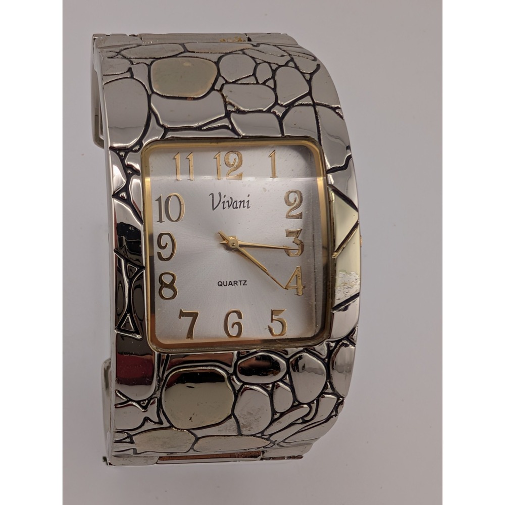 Vivani Silver Dial Square Case Hinge Bangle Bracelet Band Watch- New Battery